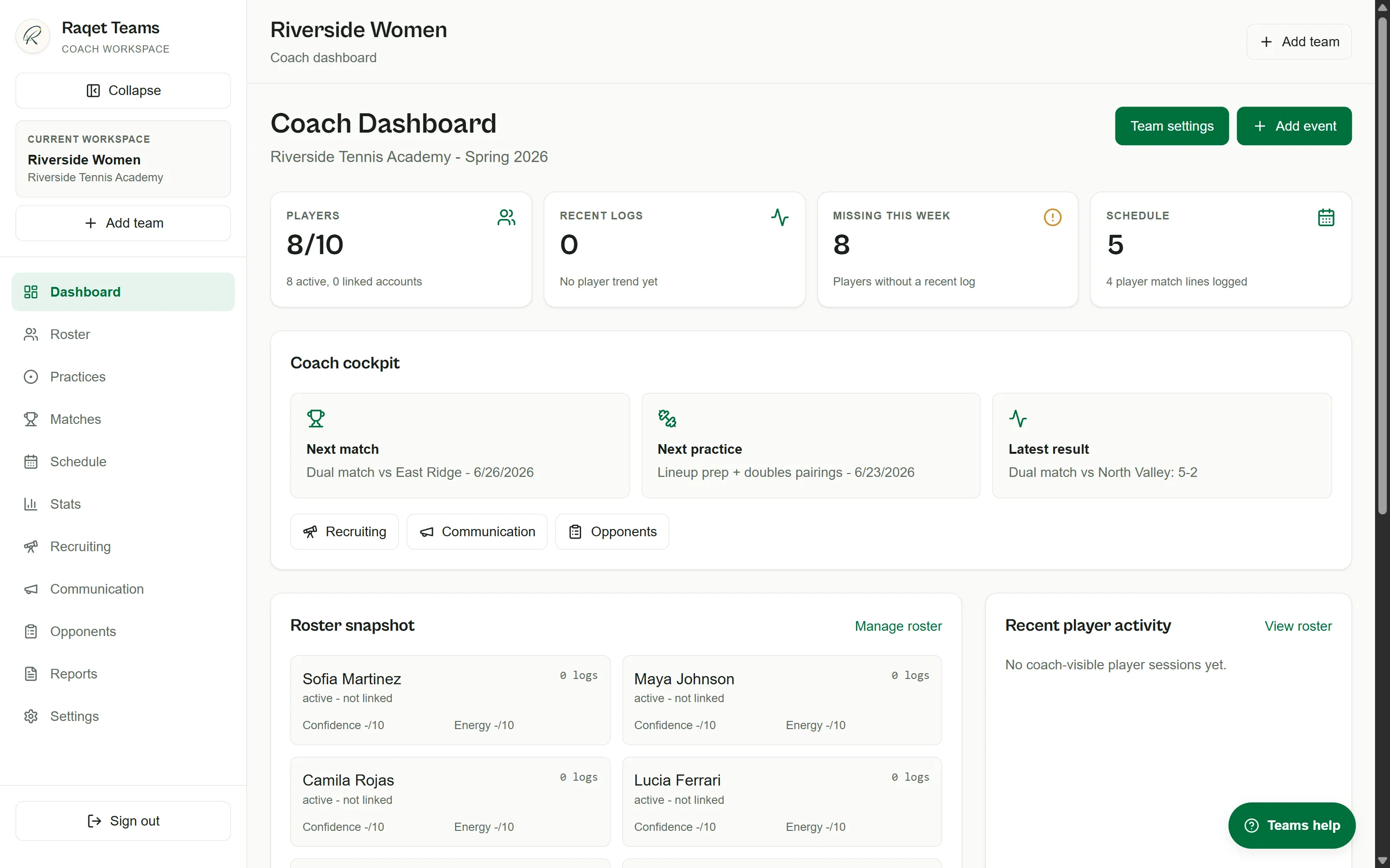 Raqet Teams coach dashboard with roster status, next match, and schedule