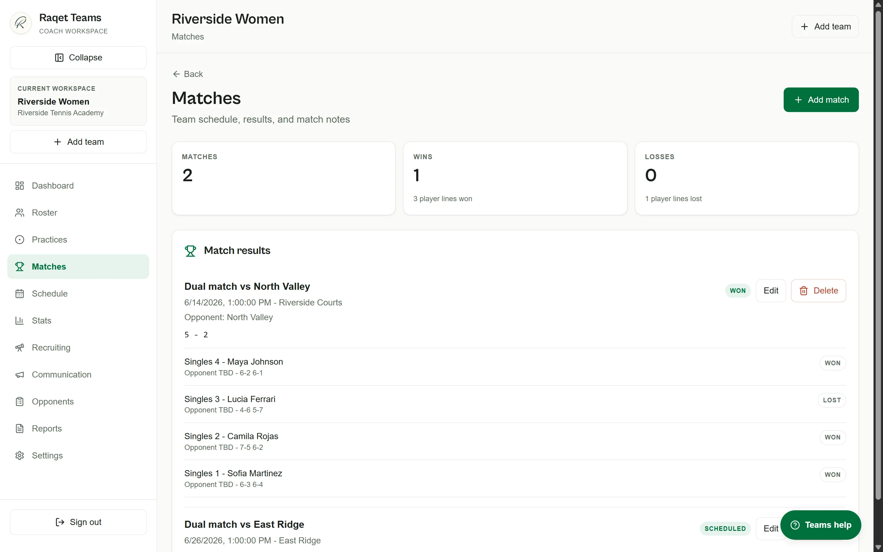Raqet Teams dual-match results